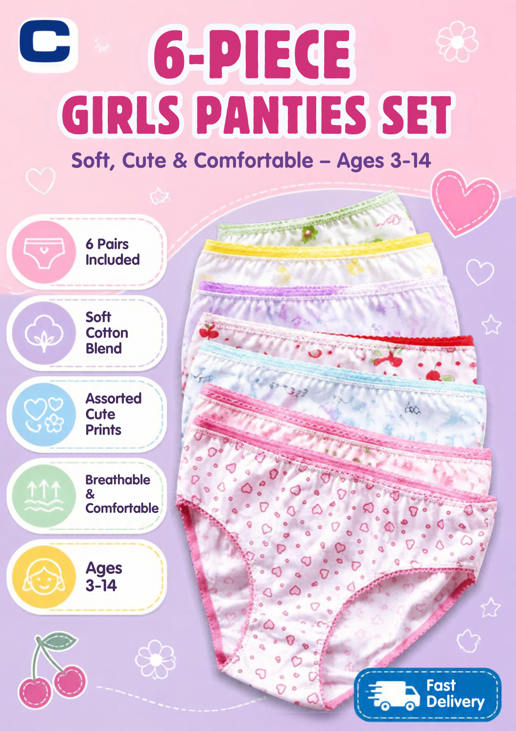 6 Pcs Girls Cotton Underwear - Soft Breathable Panties for Kids with Colorful Prints, Comfortable Waistband,  - Ages 3-14 (Assorted Designs) Gentle on sensitive skin, breathable, and perfect for all