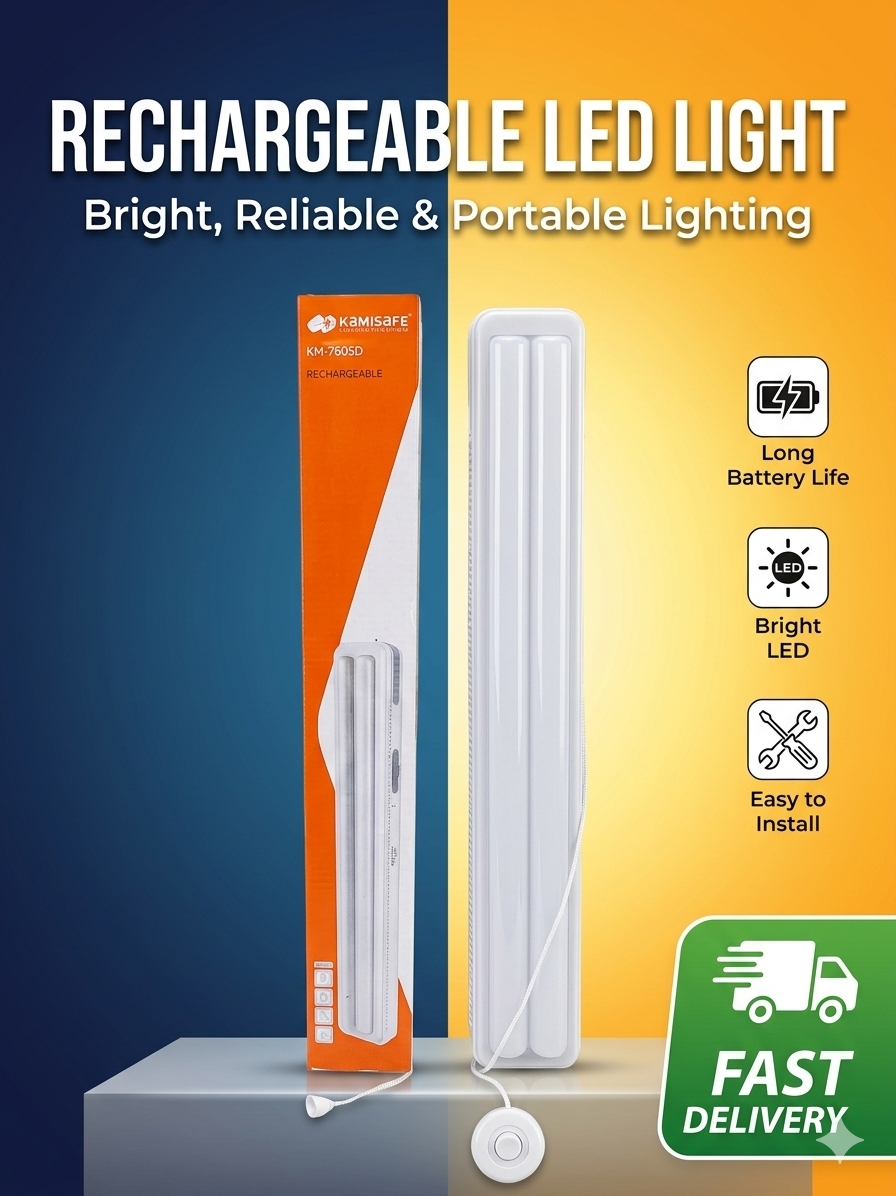 Kamisafe KM-7605D Rechargeable LED Emergency Lamp – Dual Tube Light with High/Low Settings, 4000mAh Battery, Mains & Solar Charging, Portable with Hanging Hook for Blackouts, Camping & Outdoor Use