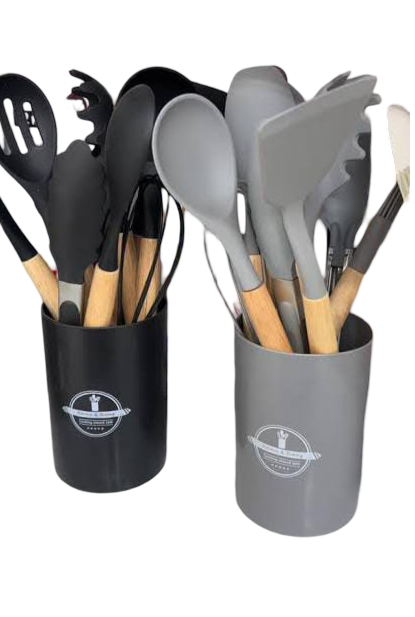 12-Piece Silicone Cooking & Serving Spoon Set – Non-Stick Heat Resistant Kitchen Utensils with Wooden Handle – Complete Utensil Set for Baking, Mixing & Serving