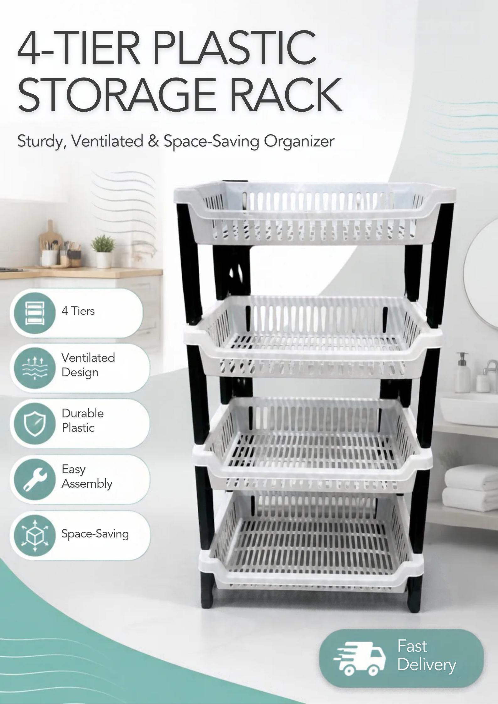 Kenstar 4-Tier Multipurpose Plastic Kitchen Rack/ Dish Rack – Black & White Vegetable, Dish & Storage Organizer Shelf a Must Have  Utility Rack fruit rack utensils rack Dish Rack