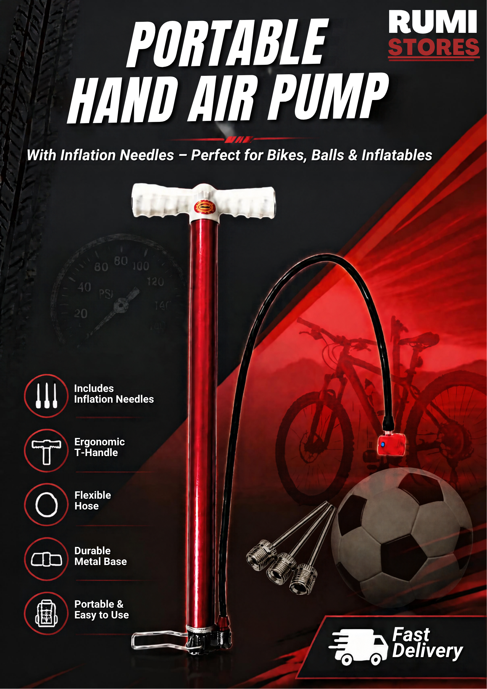 Multipurpose Manual Air Pump – Handheld Inflation Pump for Balls, Bikes & Balloons, Portable Sports Bicycle Pump with Ball Needle, Durable Aluminum Alloy for Outdoor Family Use