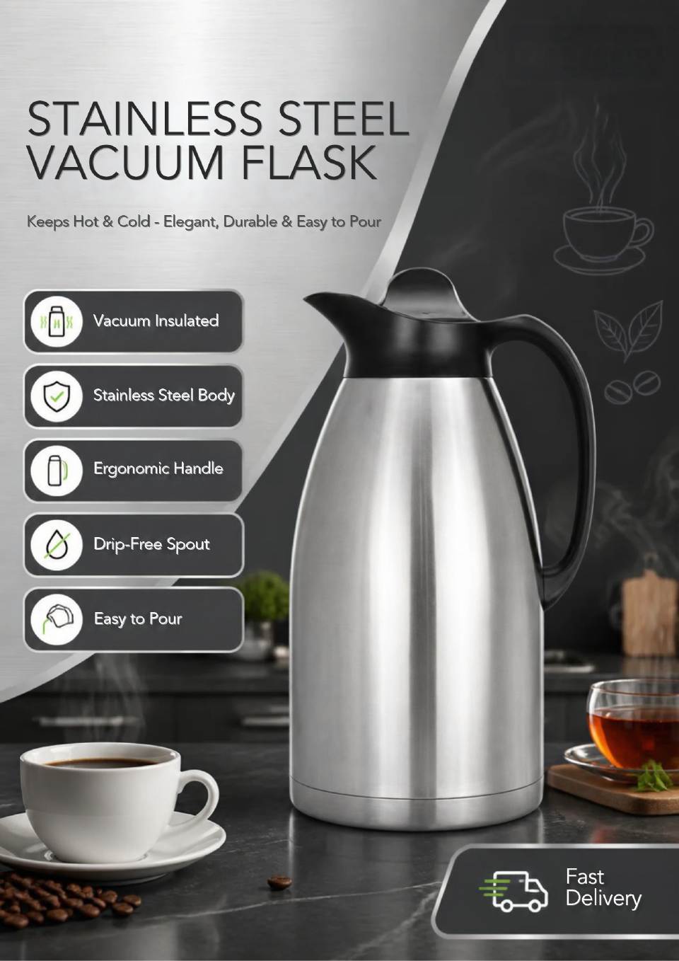 Sundabest Stainless Steel Vacuum Flask 2L/3.5L – Double-Walled, Insulated & Leak-Proof – Keeps Drinks Hot or Cold for Hours – Durable Thermos for Home, Travel & Office Use