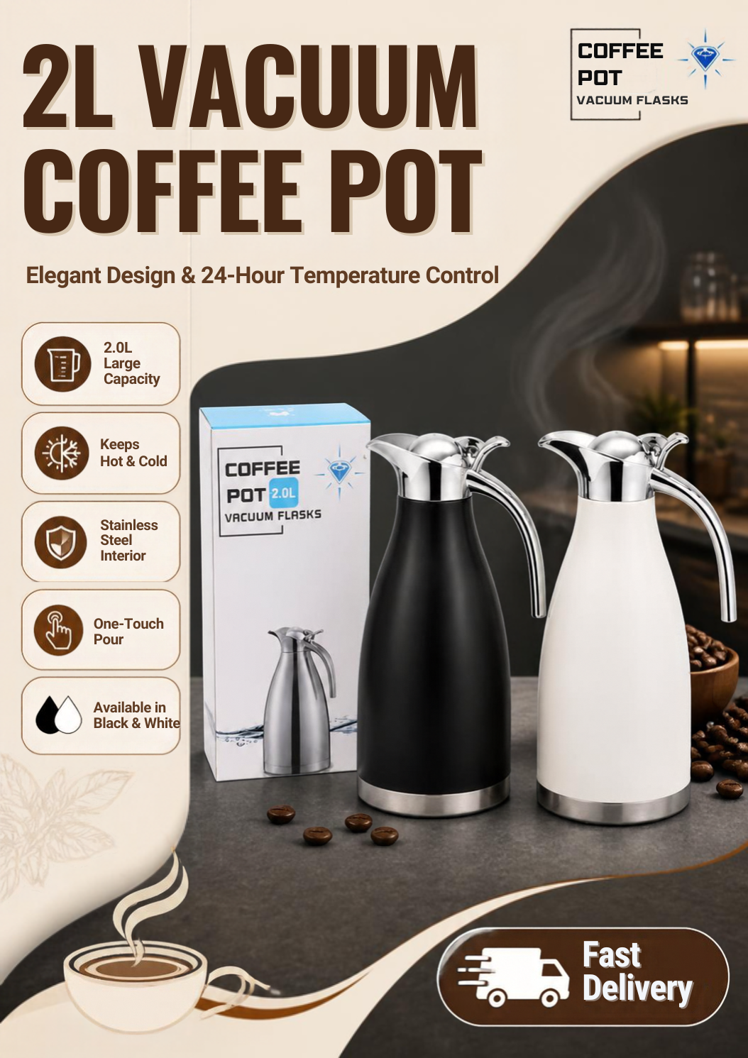 SUNDABESTS 2.0L Stainless Steel Vacuum Coffee Pot – Large Thermos Flask Kettle with Double Wall Insulation for Hot & Cold Drinks, Heavy Duty Silver Vacuum Flask for Home Office Travel & Outdoor