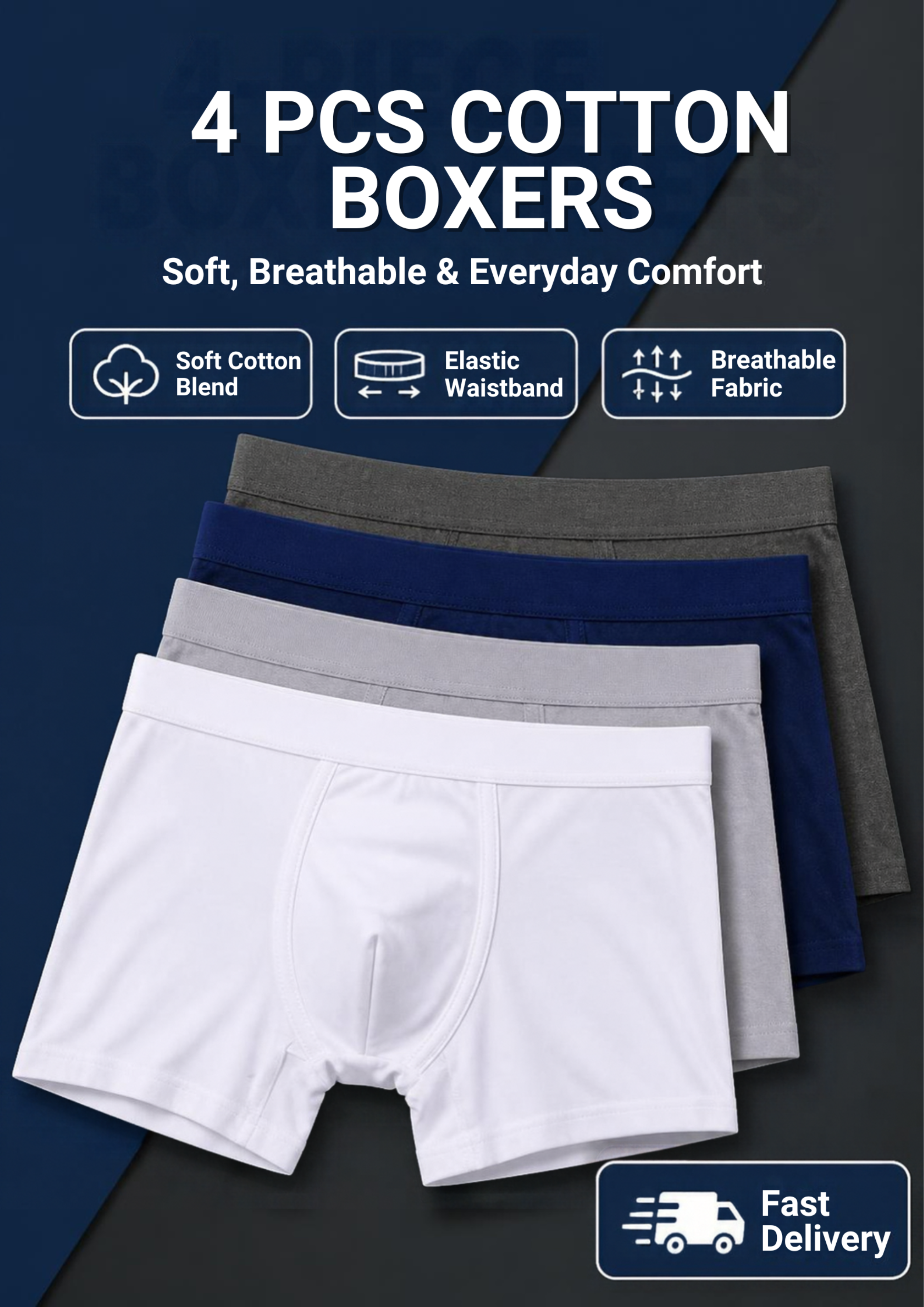 4 PCS Quality Men's Plain Cotton Boxers/Underwear/Innerwear – Comfortable Breathable Male Innerwear Shorts for Daily Use Ideal for School, office and Daily wear