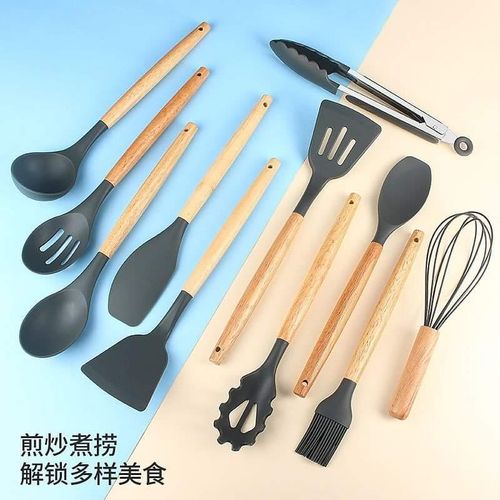 12-Piece Silicone Cooking & Serving Spoon Set – Non-Stick Heat Resistant Kitchen Utensils with Wooden Handle – Complete Utensil Set for Baking, Mixing & Serving