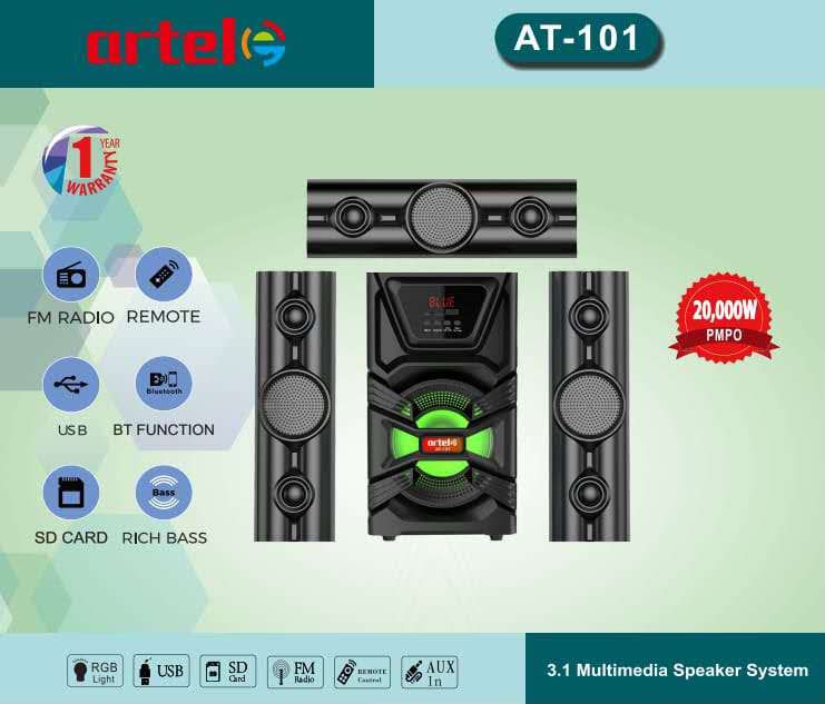 ARTEL AT-101 3.1CH MULTIMEDIA SPEAKER SYSTEM 20000W PMPO FM RADIO USB BLUETOOTH SD CARD RICH BASS AND A FULLY FUNCYIONAL REMOTE CONTROL
