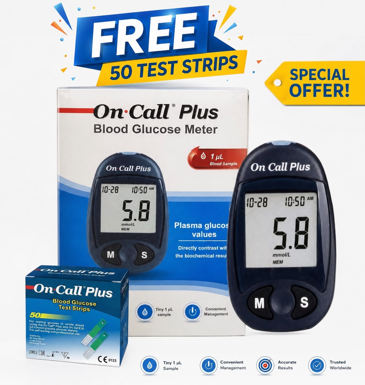 On Call Plus Blood Glucose Monitor Glucometer Test Kit + 50pcs Test Strips