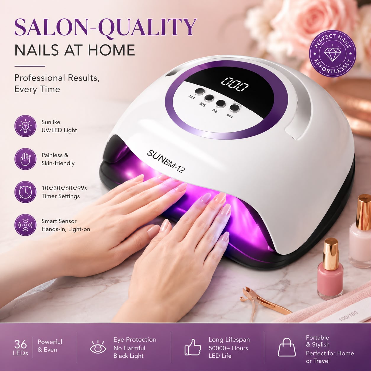 sun Bm-12 300w Portable Nail Light Fast Curing Gel Polish Professional Nail Dryer UV LED Nail Lamp With Phone Holder