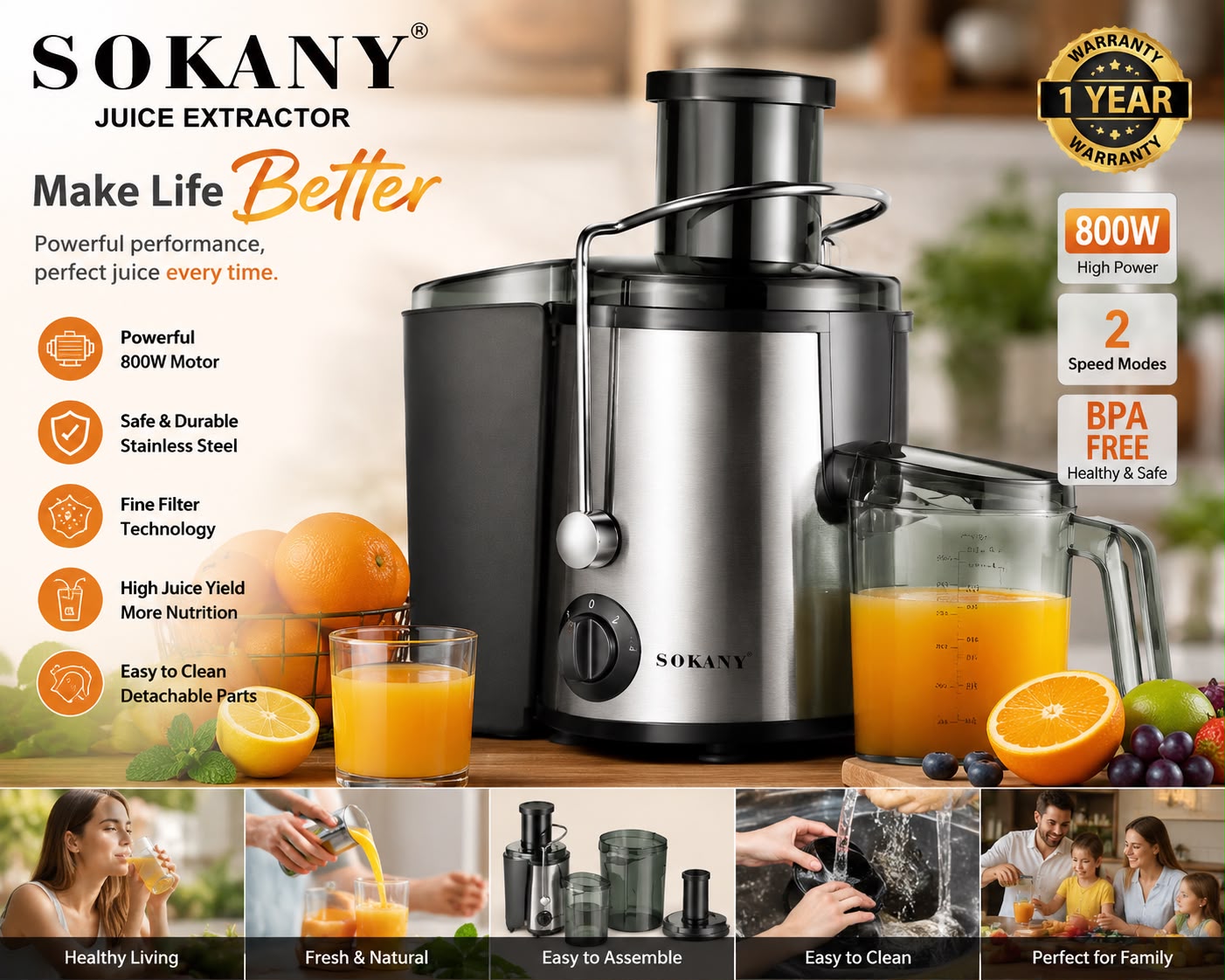 Sokany Heavy Duty Pure Juice Extractor-Stainless Juicer/ Blender
