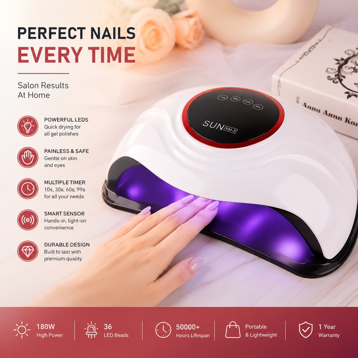 sun KM-3 288W With 72pcs Lamp Beads Big Size High Power Intelligent Induction Quick Drying LED UV Nail Lamps - White