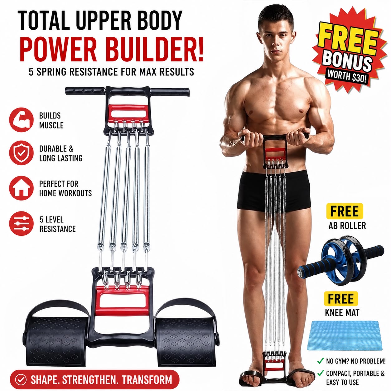 Multi-Spring Chest Expander – Upper Body Resistance Trainer for Home Workouts, abdominal roller and free mat