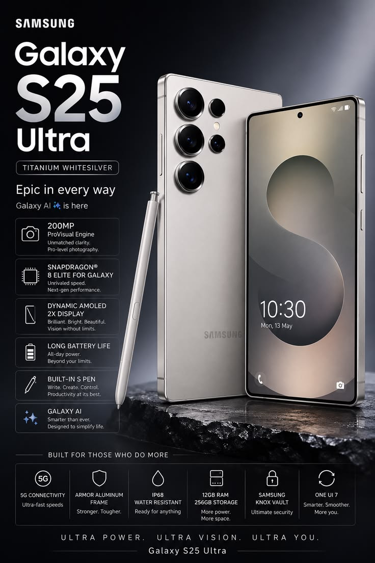 🔥OFFER🔥 Samsung Galaxy S25 Ultra 512GB ROM 12GB RAM 6.9" Dynamic LTPO AMOLED 2X 120Hz HDR10+ Display 5000mAh Battery 200MP Quad Camera Android 15 24 Months East Africa Warranty