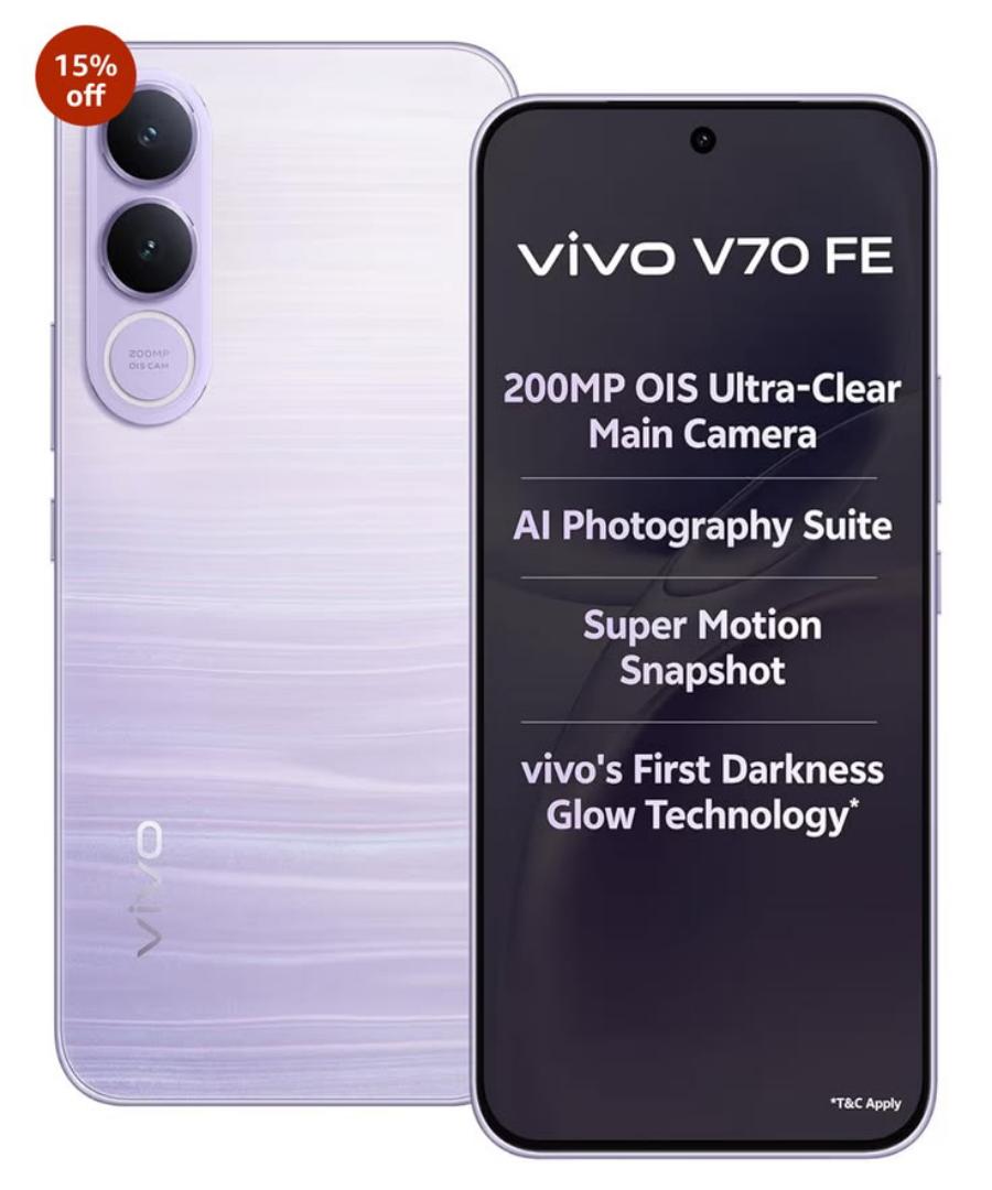 🚀OFFER🔥Vivo V70 FE 256GB ROM 8GB RAM 6.83" AMOLED Display Android 16 OriginOS 6 Mediatek Dimensity 7360 Turbo (4 nm) 200 MP + 8MP Main Camera 32MP Front Camera 7000mAh Si/C Li-Ion Battery Vivo V70 F