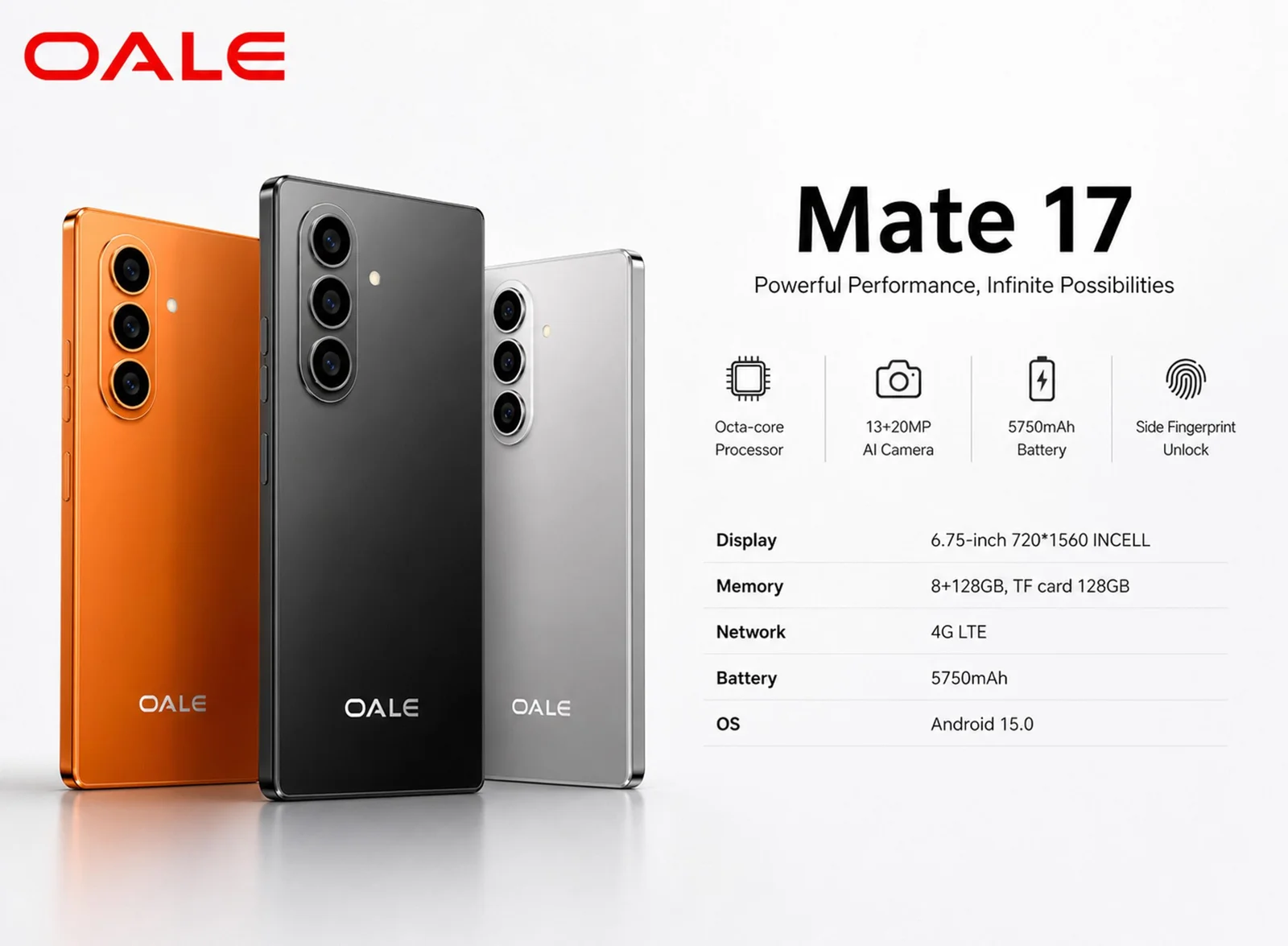 🔥OFFER !🔥Oale MATE 17 Android 15 Smartphone 6.75" HD+, 8+128GB, 5750mAh Battery Phone, 13+20MP Camera, 4G Dual SIM Side Fingerprint-Black                                                            .