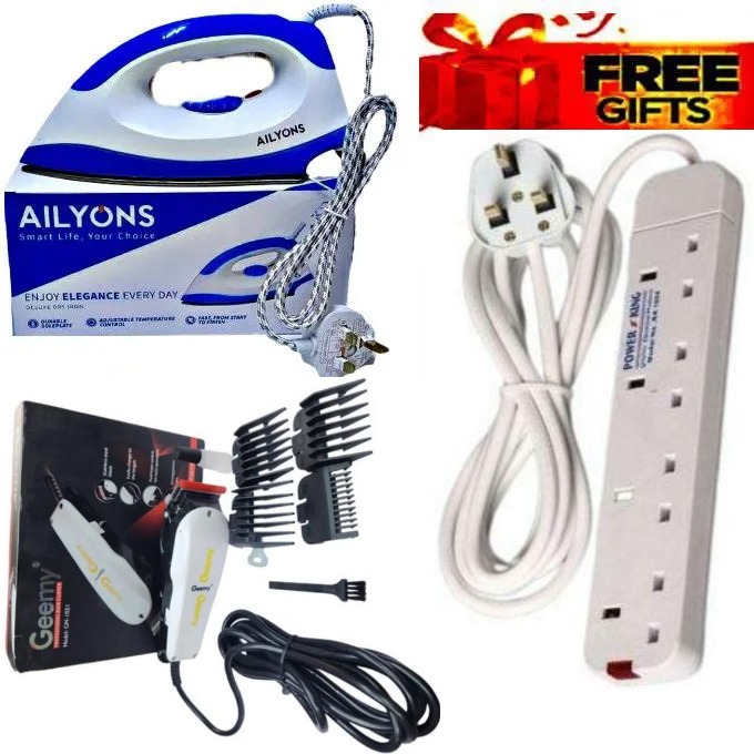 PROFESSIONAL / KINYOZI HAIR CUTTING/SHAVING MACHINE  + AILYONS ELECTRIC DRY IRON BOX  // BEST CLOTHES IRON BOX-1000W// IRONING MACHINE TITANIUM ELECTRIC DELUXE IRON BOX,  4 WAY POWER EXTENSION