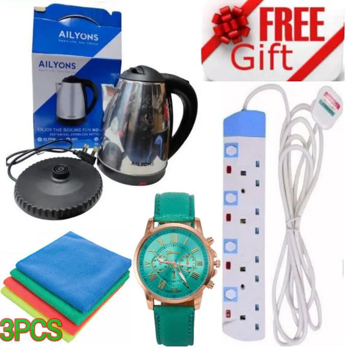 AILYONS  Best Electric Kettle Water Heater & Boiler Jug- coil less // Auto shut-off after boiling Electric Kettle + HOME BEST 4 WAY POWER EXTENSION WITH LONG CABLE & 3PCS TABLE Cleaner Towels, Watch