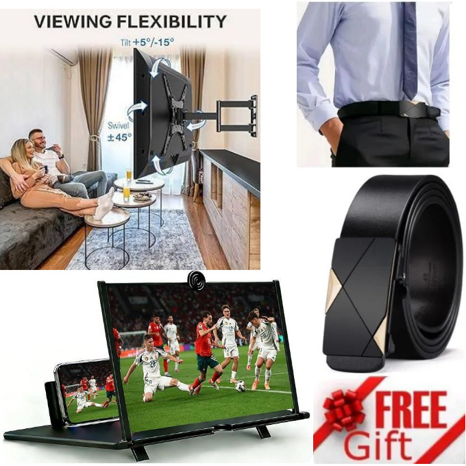 Home Design Heavy Duty Full Motion 360 Degree TV MOUNT - 14 inch -55 inch TILT ROTATING WALL MOUNT BRACKET + EXTRA GIFT   Best Men’s Black Official Leather Belt ,  Smartphone Screen Magnifier
