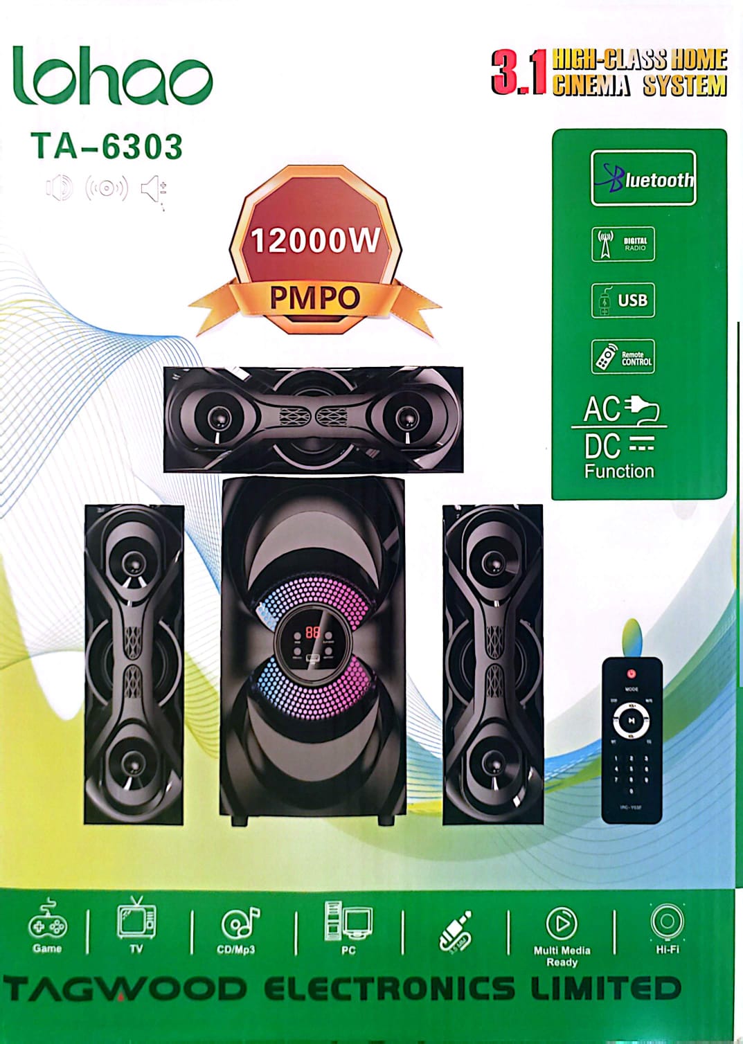 Tagwood TA-6303 12000 PMPO  3.1CH Woofer Subwoofer Bluetooth Cinema Home theater System Bluetooth Hi-Fi Speaker Speaker System Speaker bass speaker woofer BT/USB/SD/FM