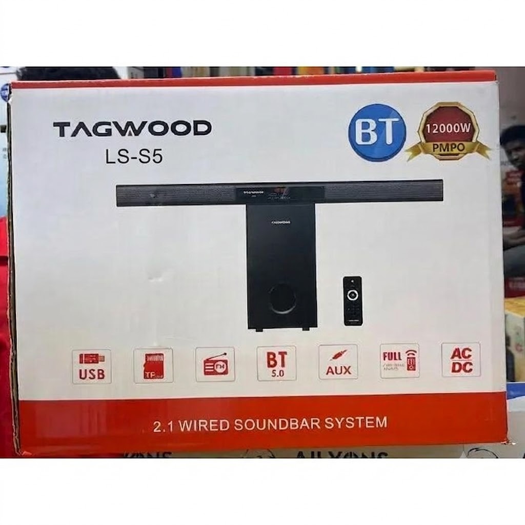 Tagwood 12000W 2.1CH Multimedia Bluetooth Woofer Speaker System Subwoofer Soundbar BT 6.0 /USB/SD/FM AC/DC System Soundbar with Remote Control S5 Speaker bass