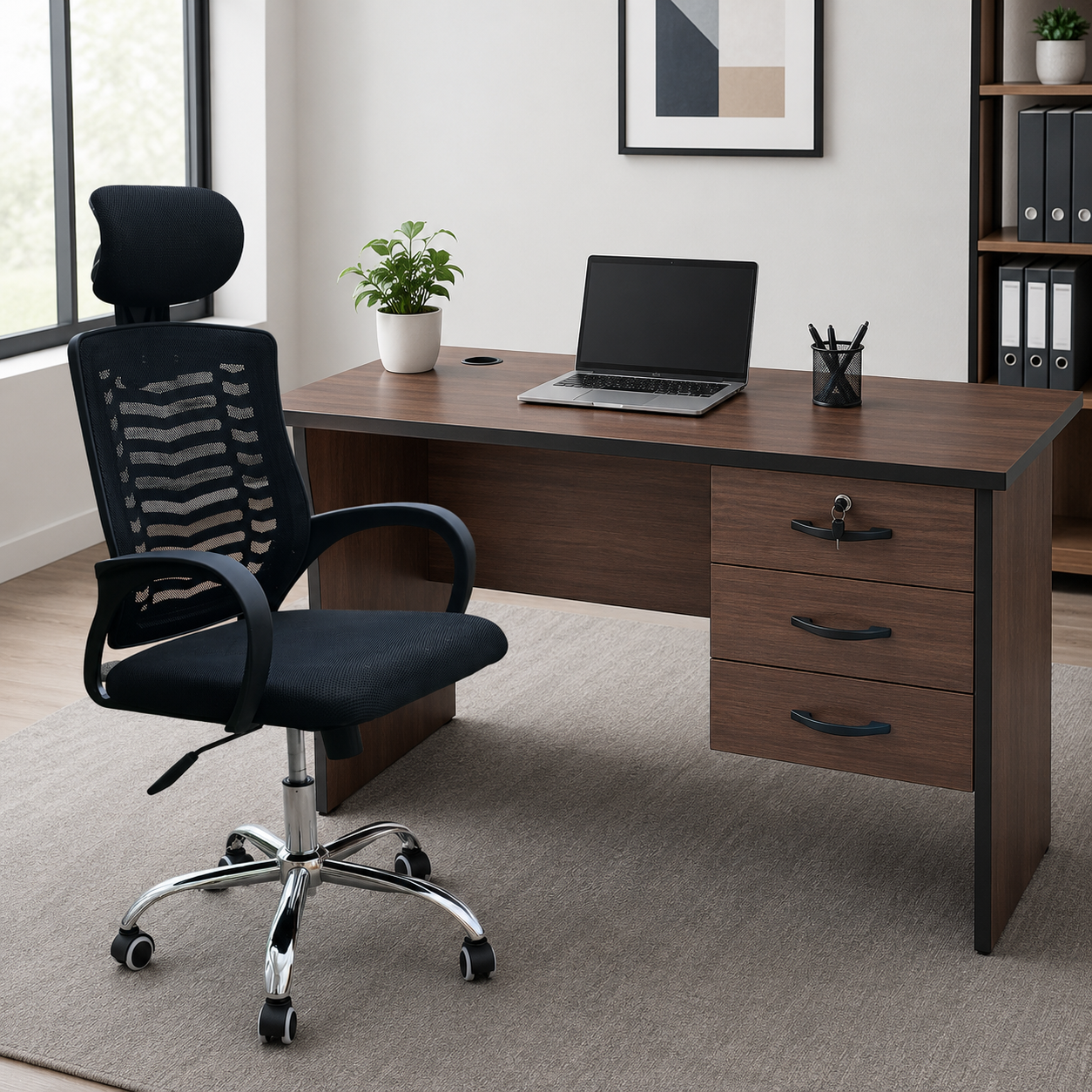 Secretarial Mesh Office Chair with Headrest & 3-Drawer Lockable Office Desk with key 1m – Ergonomic Executive Home & Office Workstation Set