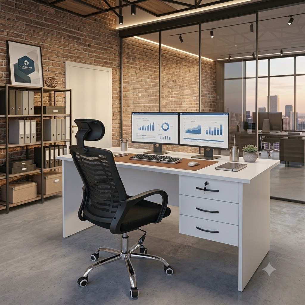 Secretarial Mesh Office Chair with Headrest & 3-Drawer Lockable Office Desk with key 1m – Ergonomic Executive Home & Office Workstation Set