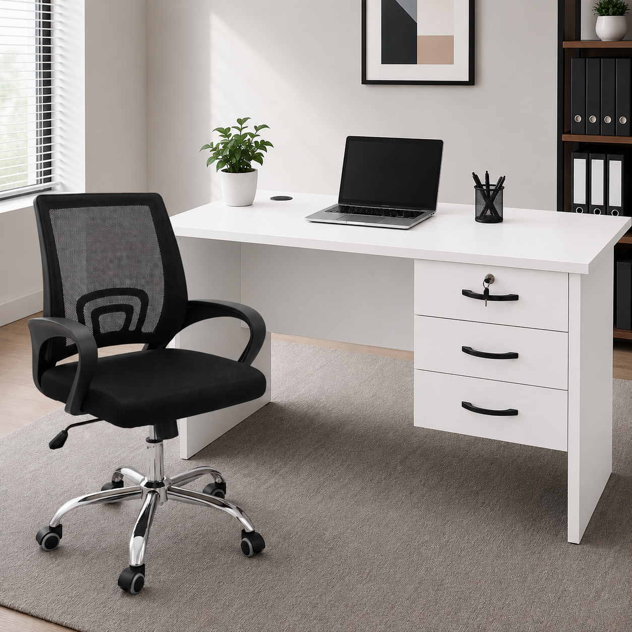 Secretarial Mesh Office Chair with Headrest & 3-Drawer Lockable Office Desk with key 1m – Ergonomic Executive Home & Office Workstation Set