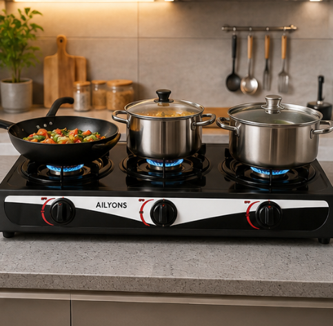 Ailyons GS018 Stainless Steel 3 Burner Gas Cooker – Table Top Gas Stove with Free Regulator, Gas Pipe & Clips, Auto Ignition Heavy Duty Cooking Stove