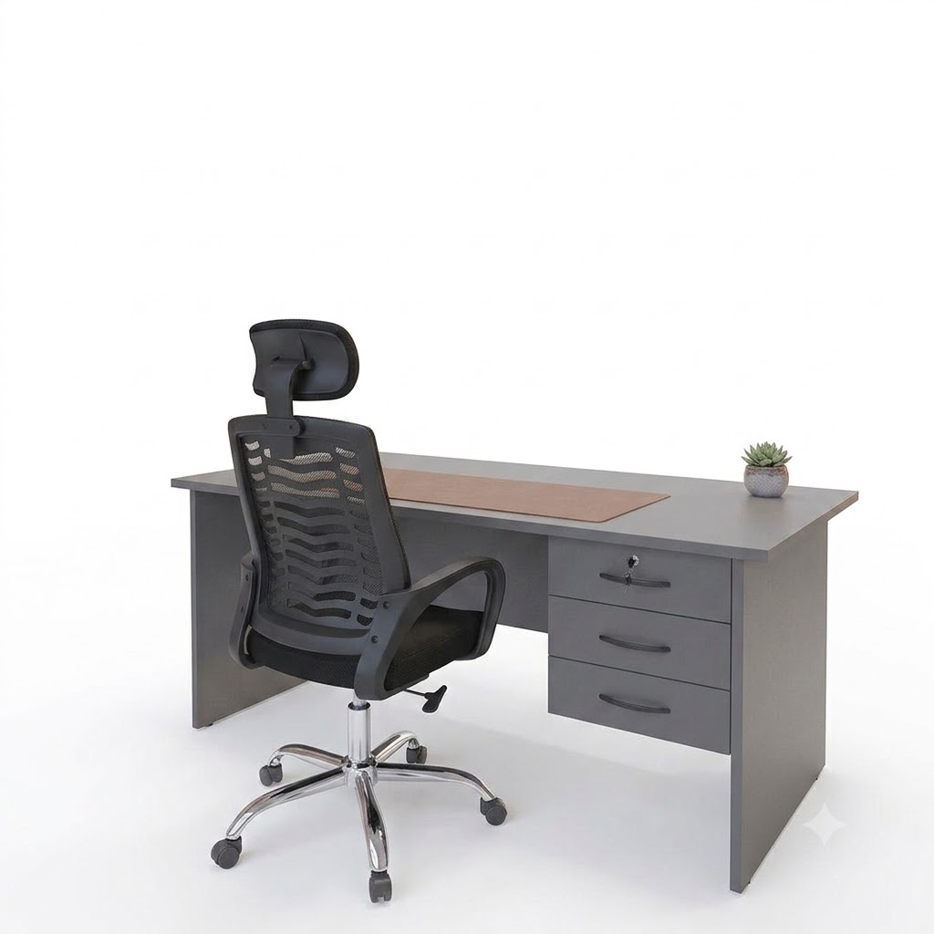 Secretarial Mesh Office Chair with Headrest & 3-Drawer Lockable Office Desk with key 1m – Ergonomic Executive Home & Office Workstation Set