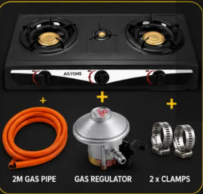 Ailyons GS018 Stainless Steel 3 Burner Gas Cooker – Table Top Gas Stove with Free Regulator, Gas Pipe & Clips, Auto Ignition Heavy Duty Cooking Stove