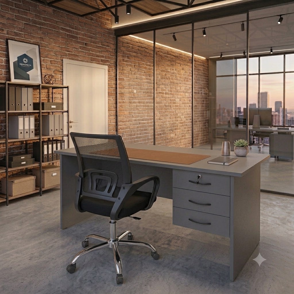 Secretarial Mesh Office Chair with Headrest & 3-Drawer Lockable Office Desk with key 1m – Ergonomic Executive Home & Office Workstation Set