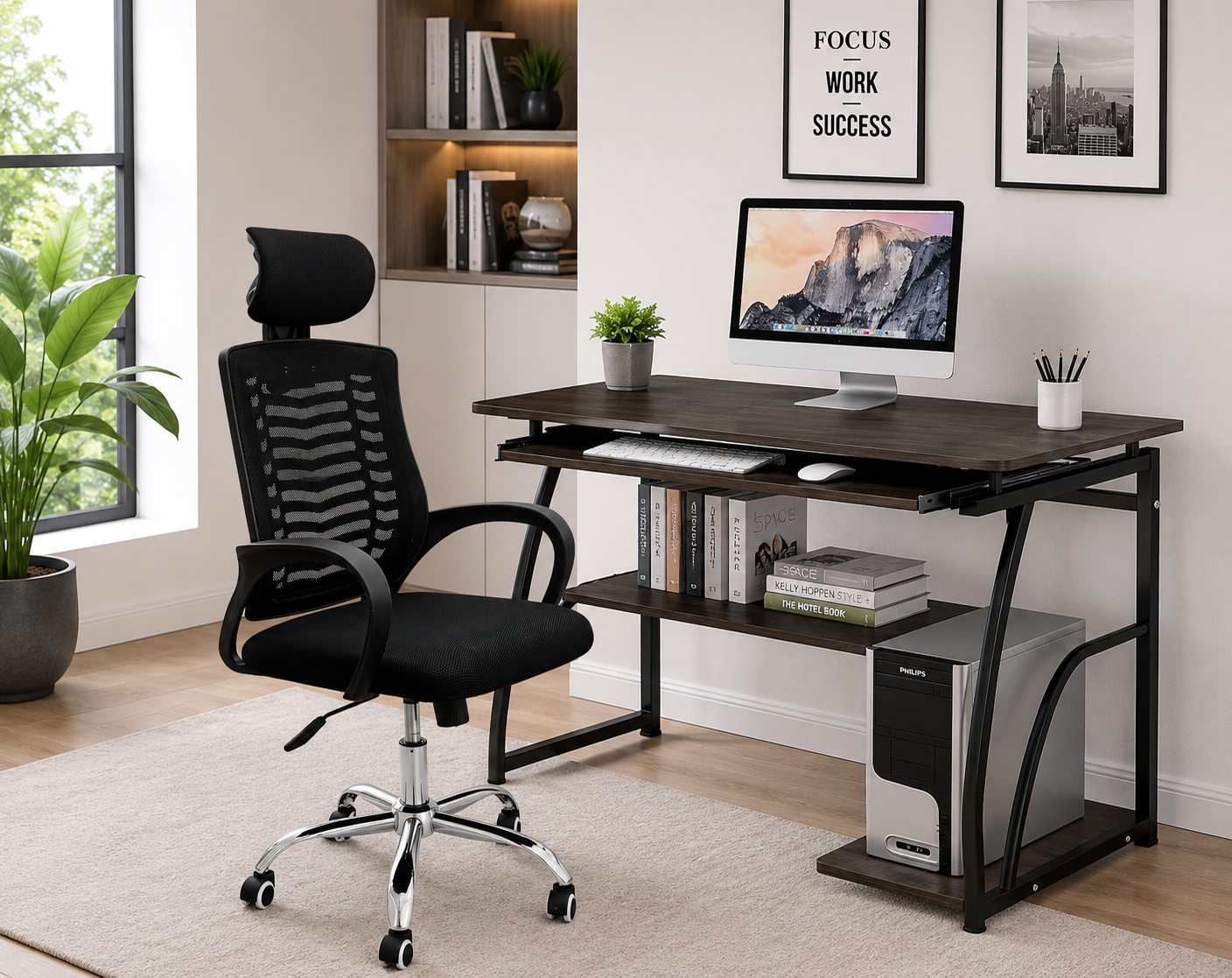 FULL SET Modern Home Office Computer Desk with Ergonomic Mesh Office Chair – Imported Study Table(70*40*71)cm Suitable for Workstation, Keyboard Tray, Bookshelf  for Home, Office & Students
