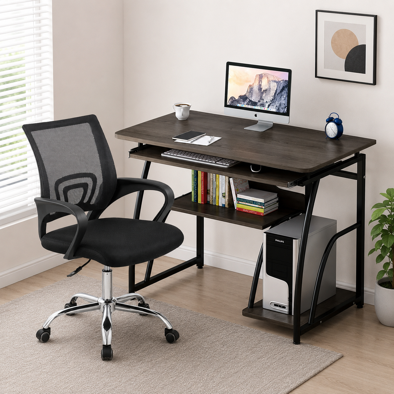 FULL SET Modern Home Office Computer Desk with Ergonomic Mesh Office Chair – Imported Study Table(70*40*71)cm Suitable for Workstation, Keyboard Tray, Bookshelf  for Home, Office & Students