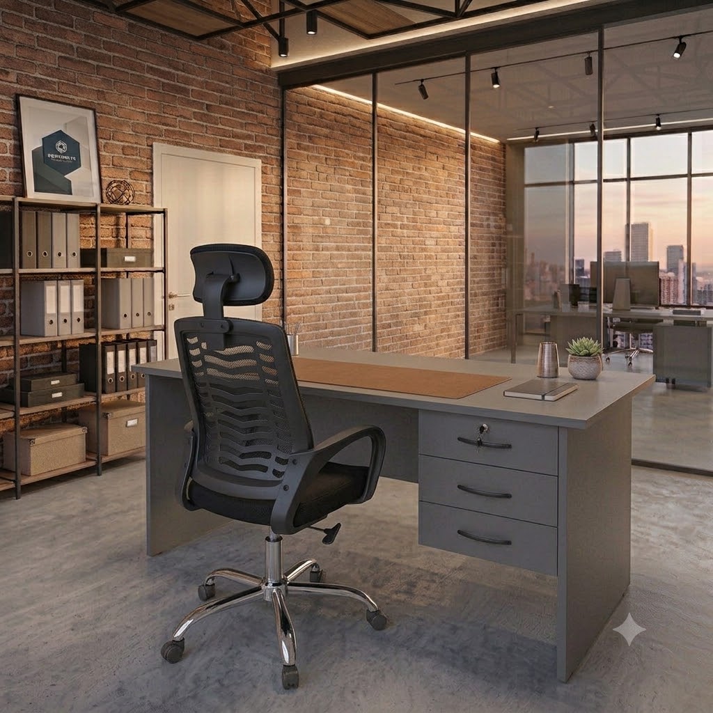 Secretarial Mesh Office Chair with Headrest & 3-Drawer Lockable Office Desk with key 1m – Ergonomic Executive Home & Office Workstation Set