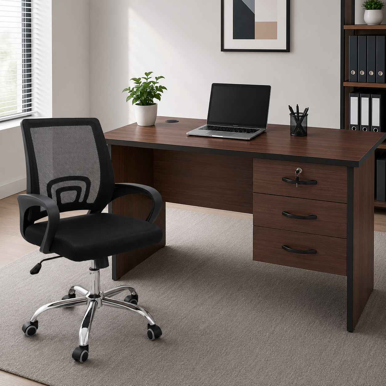 Secretarial Mesh Office Chair with Headrest & 3-Drawer Lockable Office Desk with key 1m – Ergonomic Executive Home & Office Workstation Set
