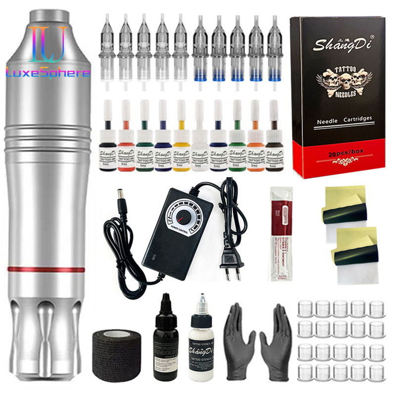 Tattoo Kits Professional Tattoo Pen Kit Rotary ,Tattoo Machine With Tattoo Power Supply, Ink, Gloves , Cartridge Needles Tattoo Kit For Body, Suitable for Beginners, Professionals, Tangent-line Foggin