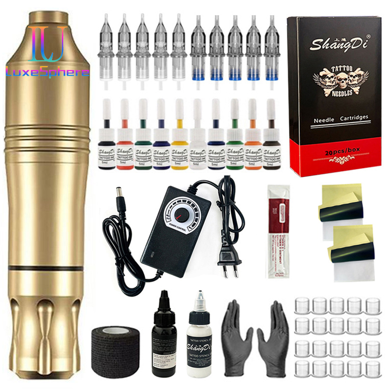 Tattoo Kits Professional Tattoo Pen Kit Rotary ,Tattoo Machine With Tattoo Power Supply, Ink, Gloves , Cartridge Needles Tattoo Kit For Body, Suitable for Beginners, Professionals, Tangent-line Foggin