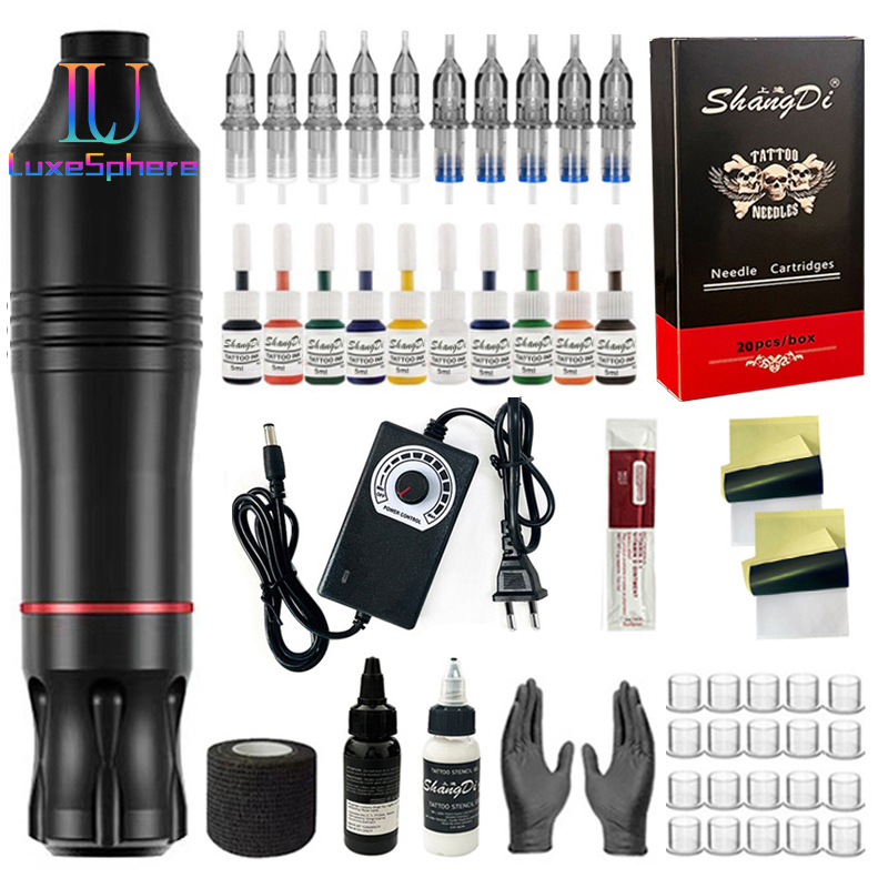Tattoo Kits Professional Tattoo Pen Kit Rotary ,Tattoo Machine With Tattoo Power Supply, Ink, Gloves , Cartridge Needles Tattoo Kit For Body, Suitable for Beginners, Professionals, Tangent-line Foggin