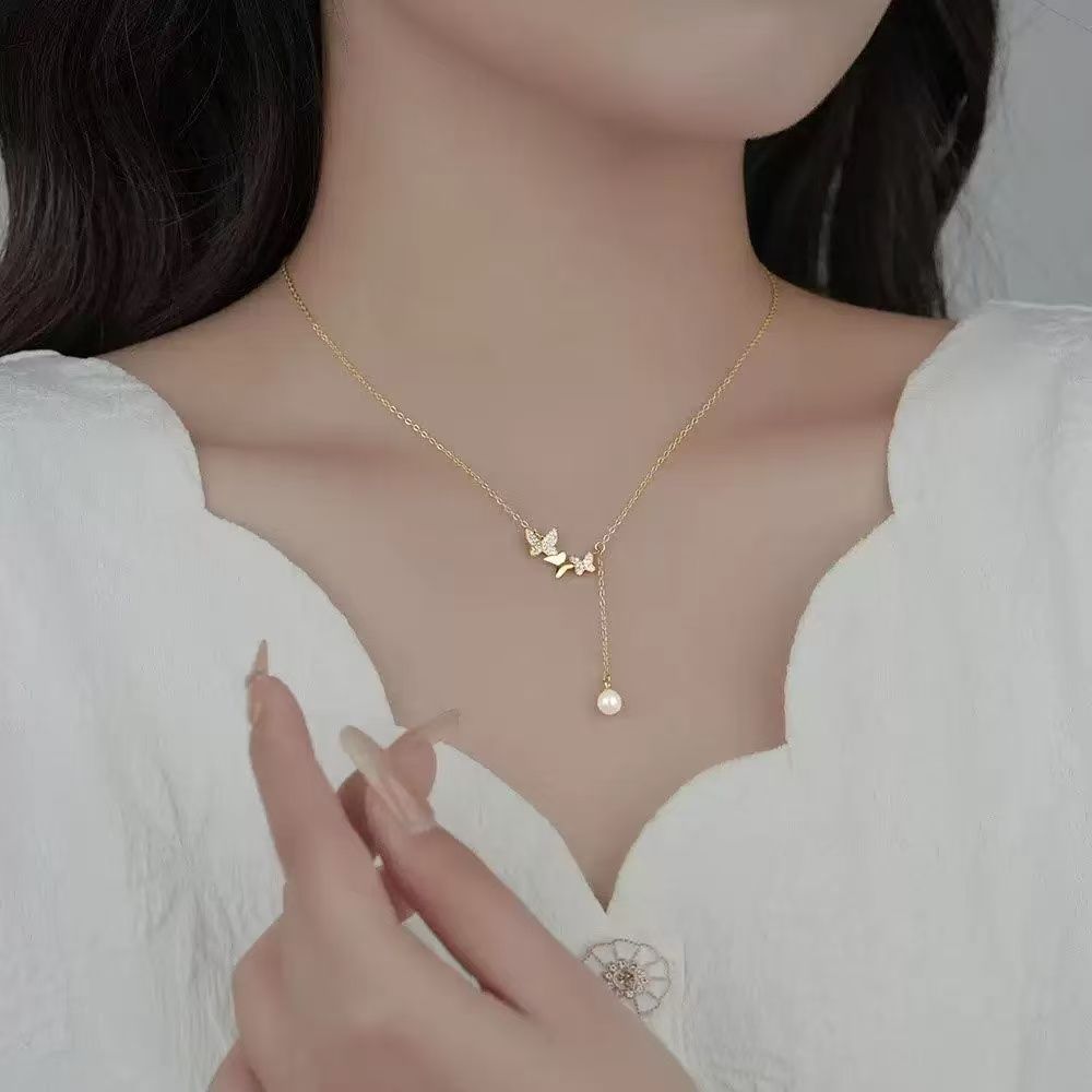 Lady's Necklace 18K Gold Plated Butterfly Pendant With Zircon And Pearl Drop Dainty Lariat Chain Hypoallergenic Jewelry For Daily Wear Dating Party Vacation And Special Occasions
