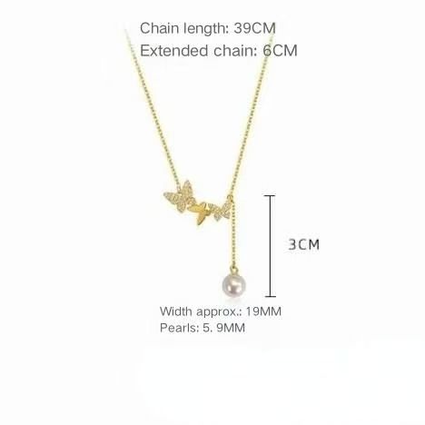 Lady's Necklace 18K Gold Plated Butterfly Pendant With Zircon And Pearl Drop Dainty Lariat Chain Hypoallergenic Jewelry For Daily Wear Dating Party Vacation And Special Occasions