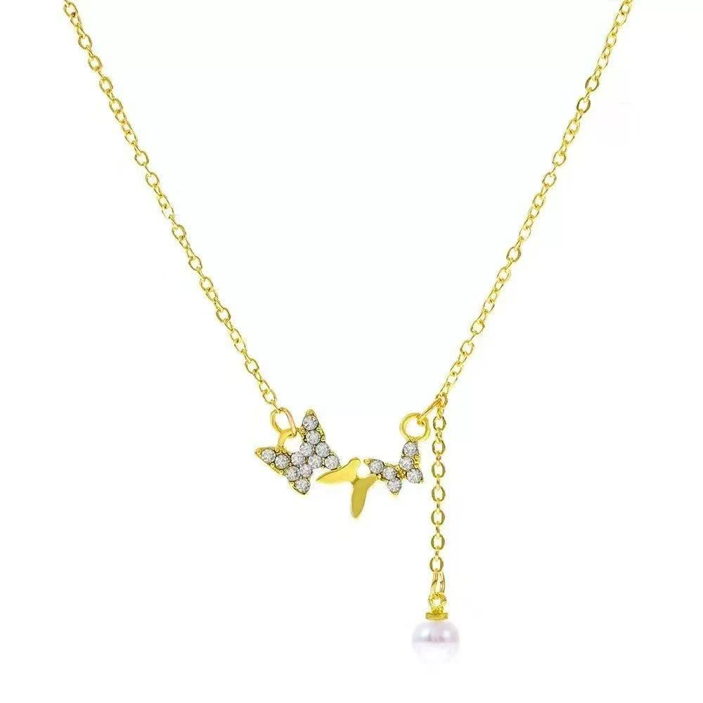 Lady's Necklace 18K Gold Plated Butterfly Pendant With Zircon And Pearl Drop Dainty Lariat Chain Hypoallergenic Jewelry For Daily Wear Dating Party Vacation And Special Occasions