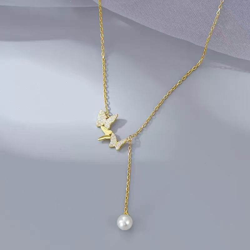 Lady's Necklace 18K Gold Plated Butterfly Pendant With Zircon And Pearl Drop Dainty Lariat Chain Hypoallergenic Jewelry For Daily Wear Dating Party Vacation And Special Occasions