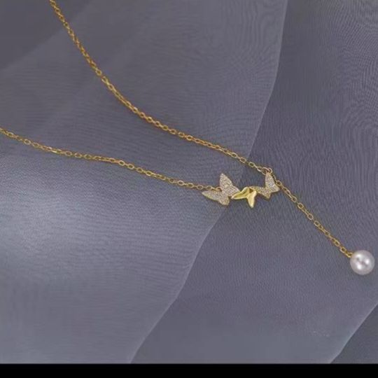 Lady's Necklace 18K Gold Plated Butterfly Pendant With Zircon And Pearl Drop Dainty Lariat Chain Hypoallergenic Jewelry For Daily Wear Dating Party Vacation And Special Occasions