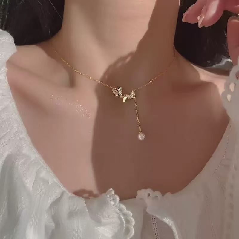 Lady's Necklace 18K Gold Plated Butterfly Pendant With Zircon And Pearl Drop Dainty Lariat Chain Hypoallergenic Jewelry For Daily Wear Dating Party Vacation And Special Occasions