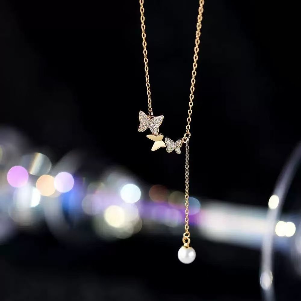 Lady's Necklace 18K Gold Plated Butterfly Pendant With Zircon And Pearl Drop Dainty Lariat Chain Hypoallergenic Jewelry For Daily Wear Dating Party Vacation And Special Occasions