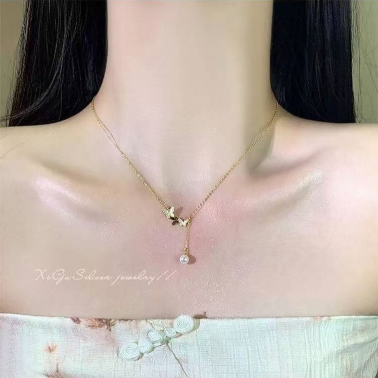 Lady's Necklace 18K Gold Plated Butterfly Pendant With Zircon And Pearl Drop Dainty Lariat Chain Hypoallergenic Jewelry For Daily Wear Dating Party Vacation And Special Occasions