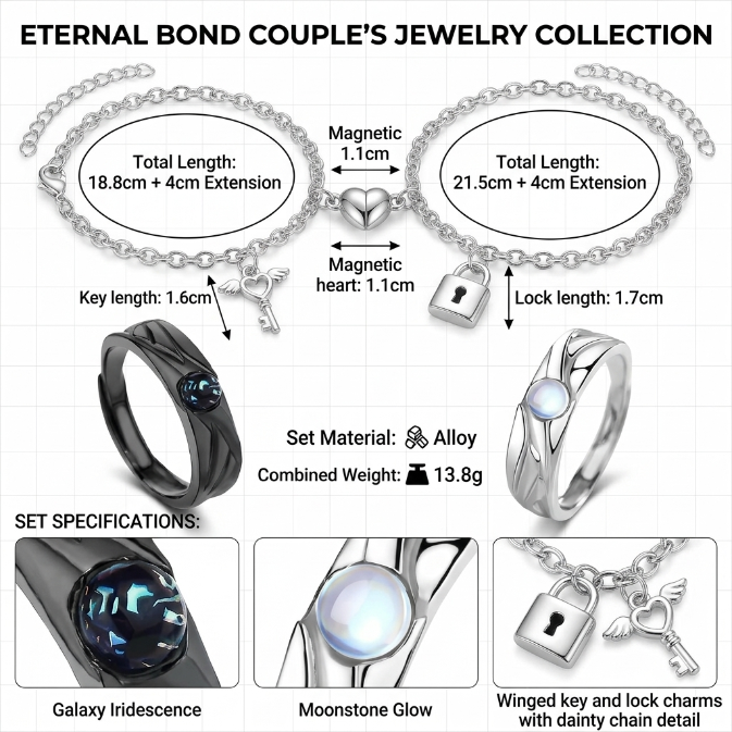4Pcs Couple Jewelry Set 2Pcs Magnetic Heart Bracelets And 2Pcs Matching Promise Rings Alloy Couple Accessories With Gift Box For Valentines Day Anniversary And Couple Matching