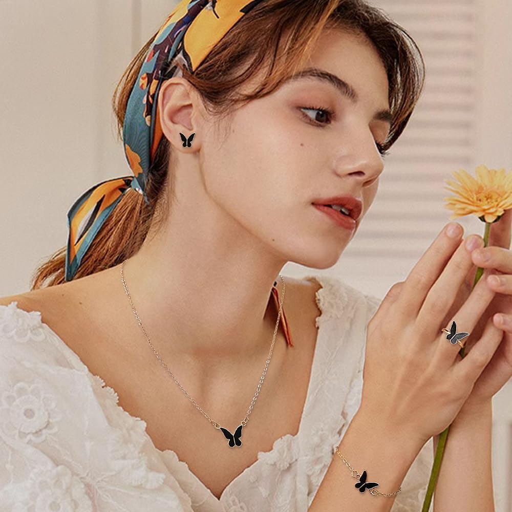 5PCS Women's Jewelry Set Earrings Necklaces Bracelets Rings Fashion Butterfly Jewelry Set Women's Butterfly Jewelry Couple Gifts