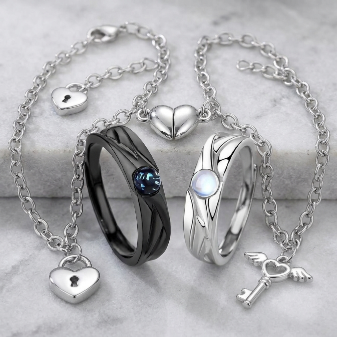 4Pcs Couple Jewelry Set 2Pcs Magnetic Heart Bracelets And 2Pcs Matching Promise Rings Alloy Couple Accessories With Gift Box For Valentines Day Anniversary And Couple Matching