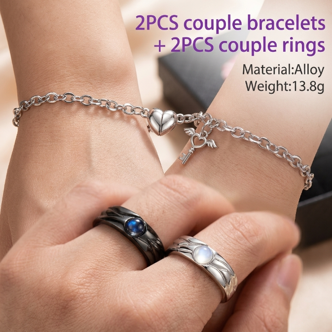 4Pcs Couple Jewelry Set 2Pcs Magnetic Heart Bracelets And 2Pcs Matching Promise Rings Alloy Couple Accessories With Gift Box For Valentines Day Anniversary And Couple Matching