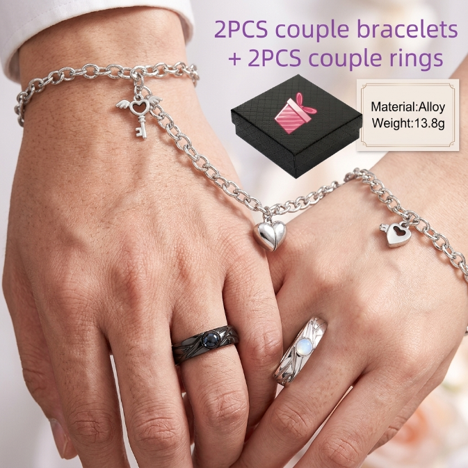 4Pcs Couple Jewelry Set 2Pcs Magnetic Heart Bracelets And 2Pcs Matching Promise Rings Alloy Couple Accessories With Gift Box For Valentines Day Anniversary And Couple Matching
